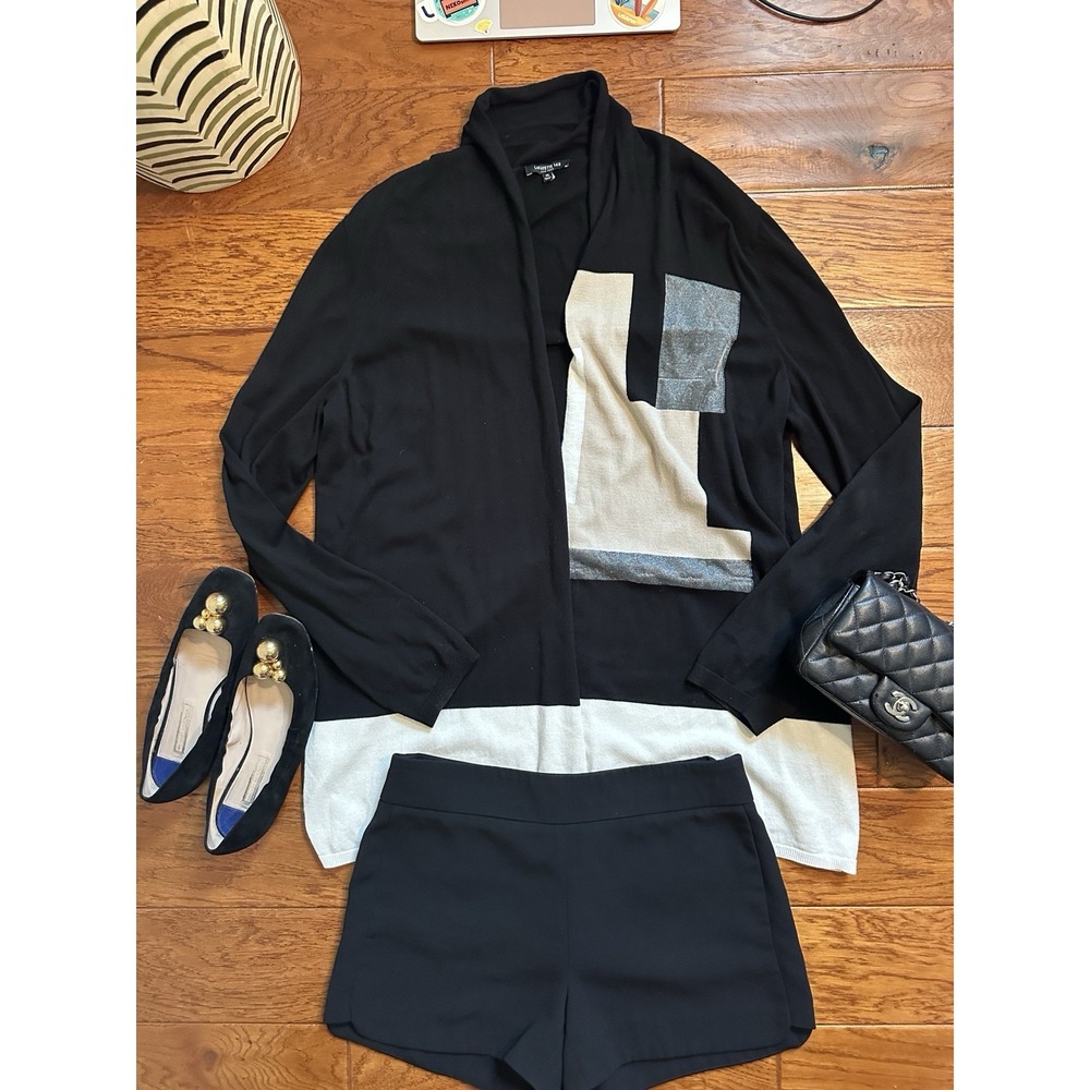 Lafayette 148 NY Black Colorblock Metallic Knit Open Cardigan Lightweight XL